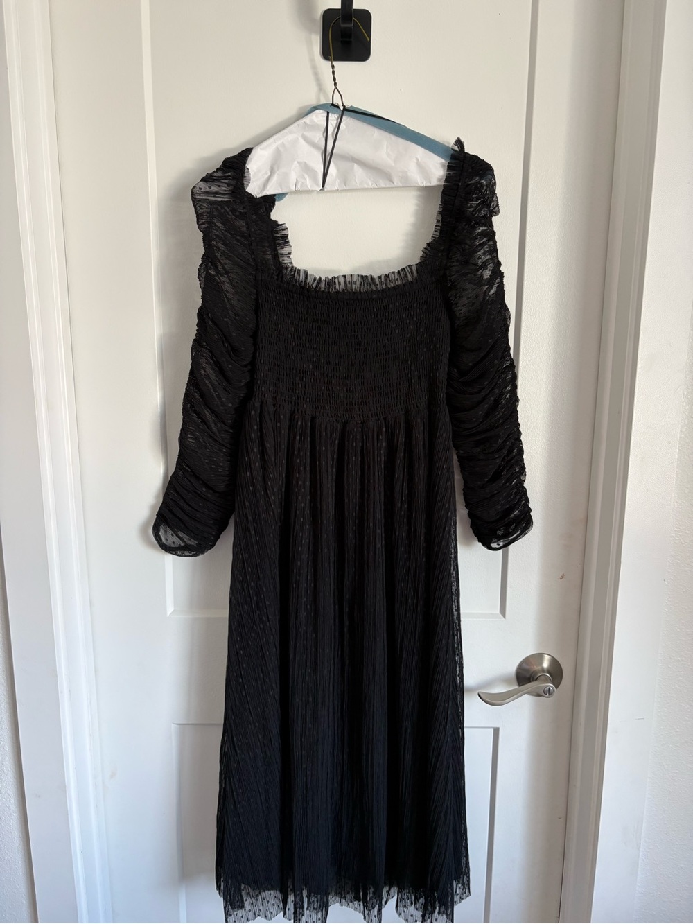 Smocked Black Long-Sleeve Midi Dress